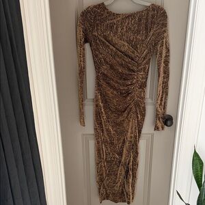 Rachel Zoe Textured Brown/Gold Metallic Long Sleeve Dress